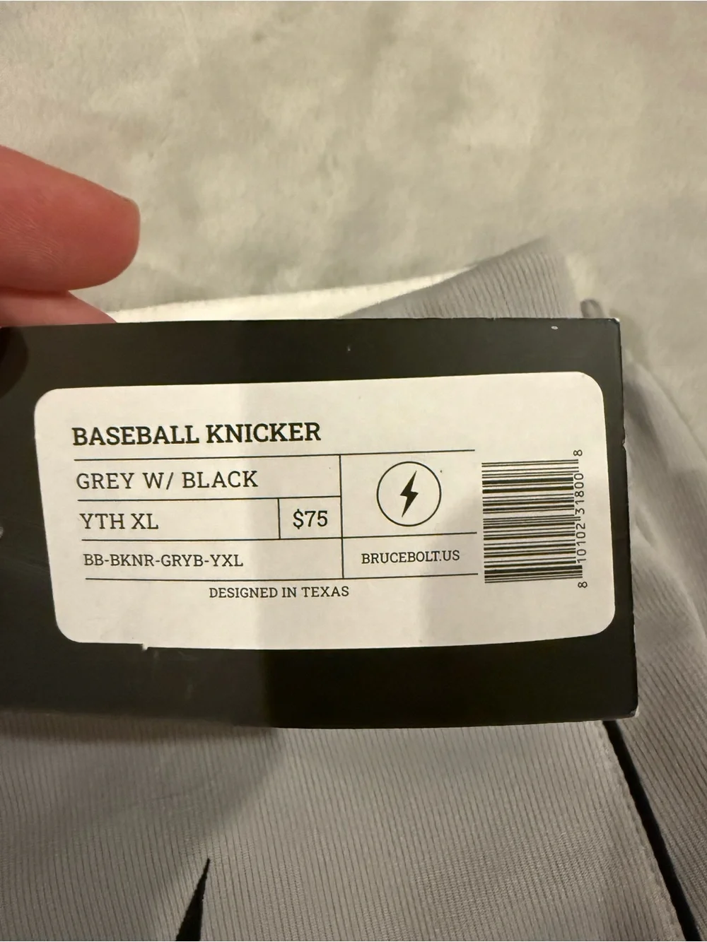 Bruce Bolt youth XL Light Gray Baseball Pants with Black Lightning Detail